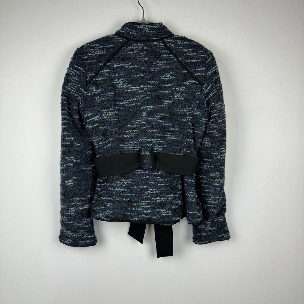 Sandro Tie Waist Blazer Jacket Tweed Textured Wool Blend Blue Black, Size Small - Picture 3 of 12